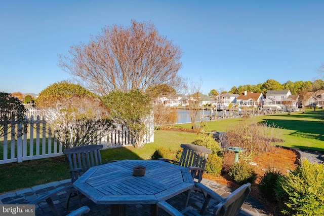 view of patio with a water view