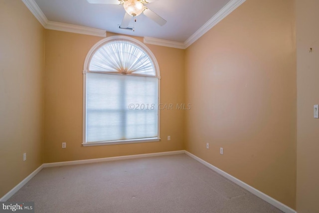 empty room with ceiling fan, crown molding, and carpet