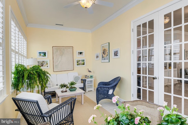 interior space featuring ceiling fan and french doors