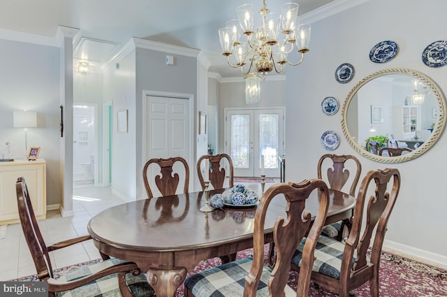 dining room featuring crown molding, french doors, an inviting chandelier, and light tile patterned flooring