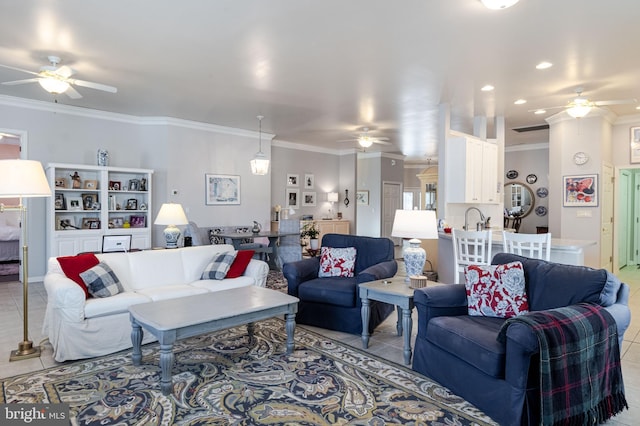 tiled living room featuring ornamental molding