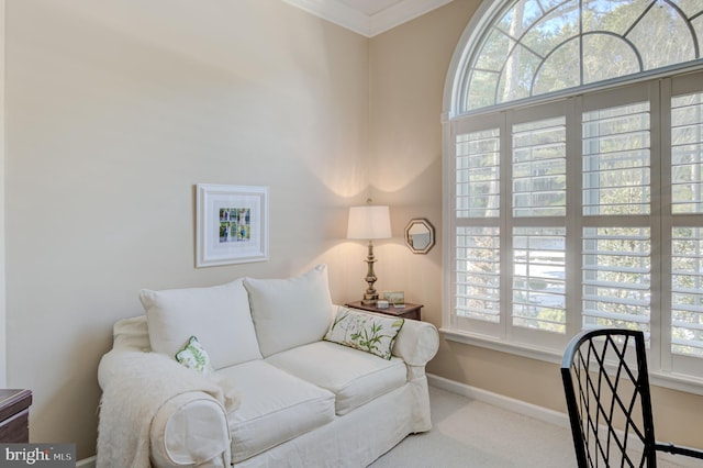 interior space featuring carpet flooring, a healthy amount of sunlight, and crown molding