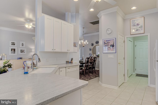 kitchen with kitchen peninsula, dishwasher, crown molding, white cabinetry, and sink