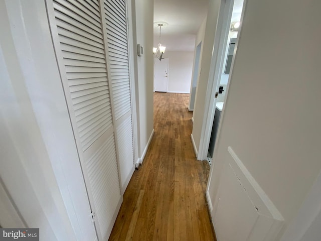 hallway with a notable chandelier and hardwood / wood-style flooring