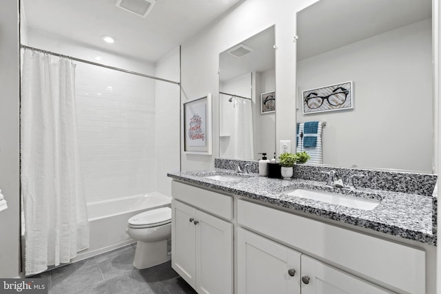 full bathroom with shower / bath combination with curtain, vanity, and toilet