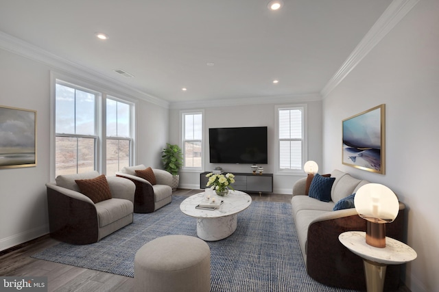 living room featuring hardwood / wood-style flooring and ornamental molding