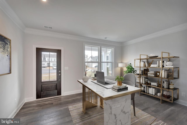 office space featuring dark hardwood / wood-style floors and crown molding