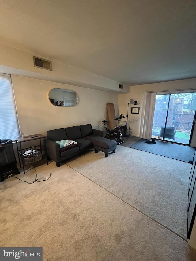 unfurnished living room with light colored carpet