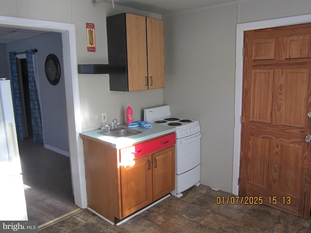 kitchen featuring white electric range oven and sink