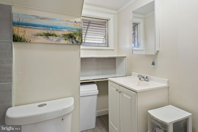 bathroom featuring hardwood / wood-style flooring, toilet, and vanity