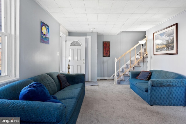 living room featuring light colored carpet