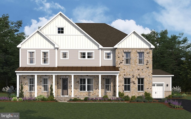 view of front of home featuring covered porch and a front yard