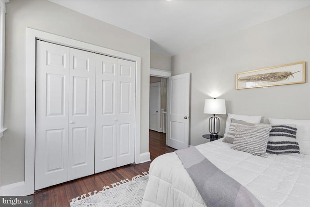 bedroom with a closet and dark wood-type flooring