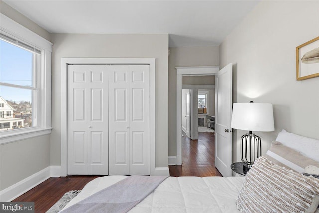 bedroom featuring a closet and dark wood-type flooring