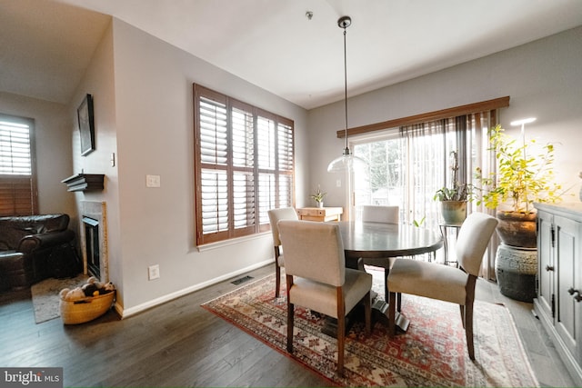 dining space featuring dark wood-type flooring