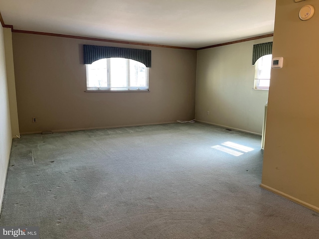 empty room with baseboards, carpet floors, and ornamental molding