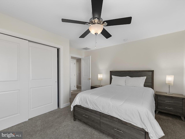 bedroom with carpet, ceiling fan, and a closet