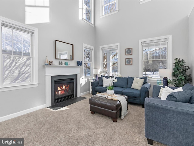 living room with carpet and a high ceiling