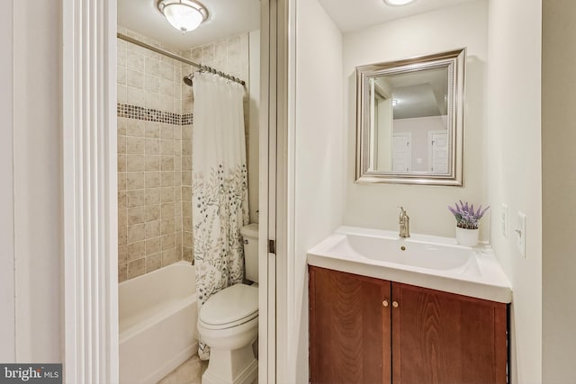 full bathroom with toilet, vanity, and shower / tub combo with curtain