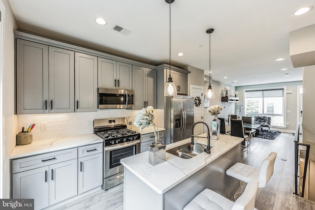 kitchen with light stone counters, sink, an island with sink, and stainless steel appliances