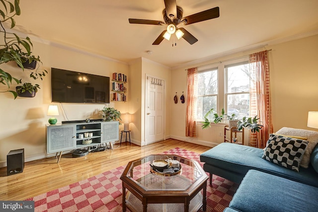 living room with hardwood / wood-style flooring, ceiling fan, and crown molding