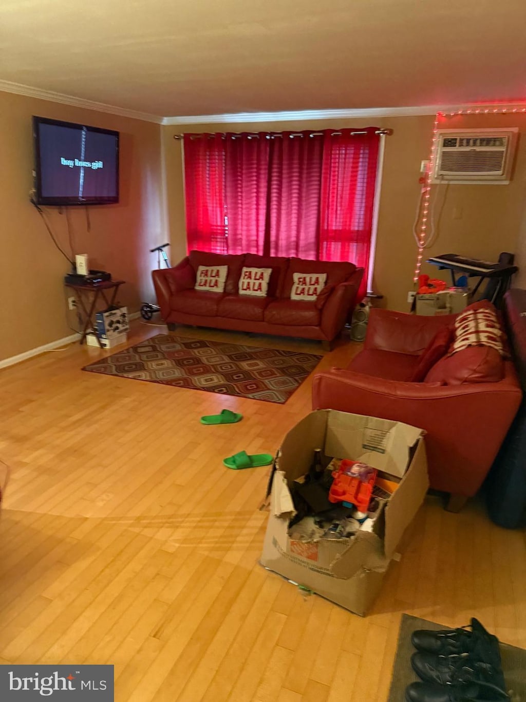 living room featuring hardwood / wood-style flooring, ornamental molding, and a wall unit AC