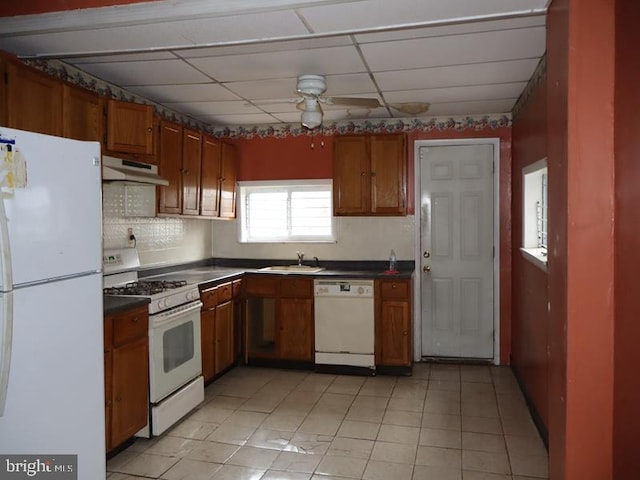 kitchen featuring a drop ceiling, white appliances, sink, ceiling fan, and decorative backsplash