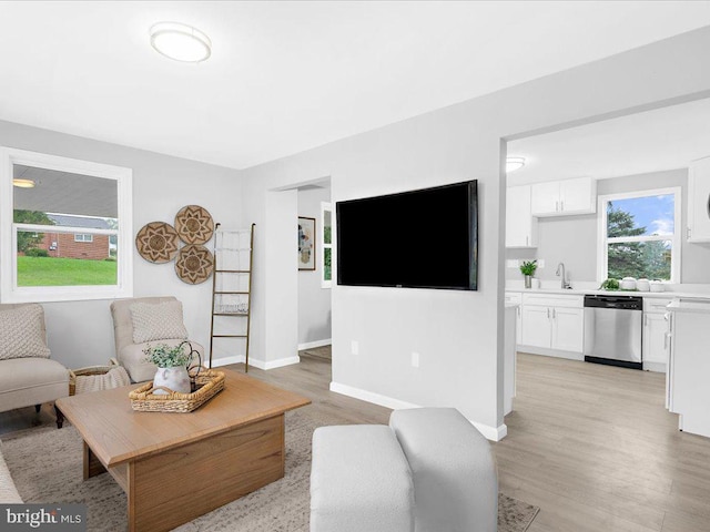 living room featuring light wood-type flooring and sink