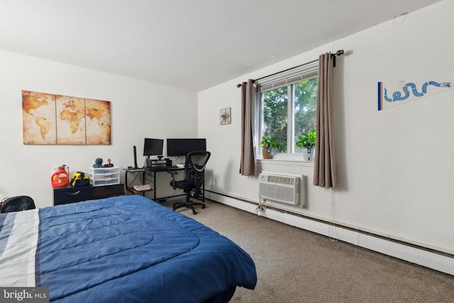 bedroom featuring carpet floors, an AC wall unit, and baseboard heating