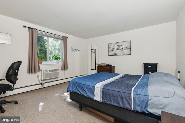 bedroom with a wall unit AC and a baseboard heating unit