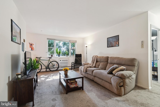 living room with light carpet, a wall unit AC, and a baseboard radiator