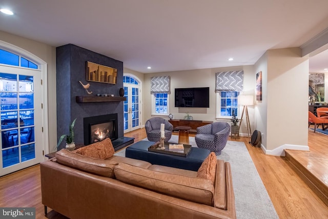 living room with hardwood / wood-style flooring and a large fireplace