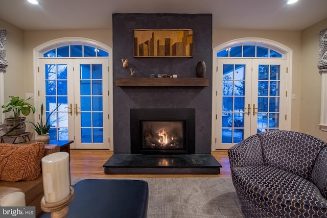 living room with french doors, a fireplace, and hardwood / wood-style flooring