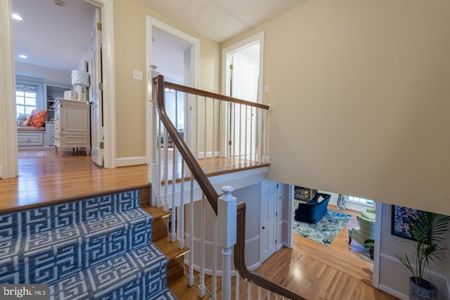 stairs with hardwood / wood-style flooring