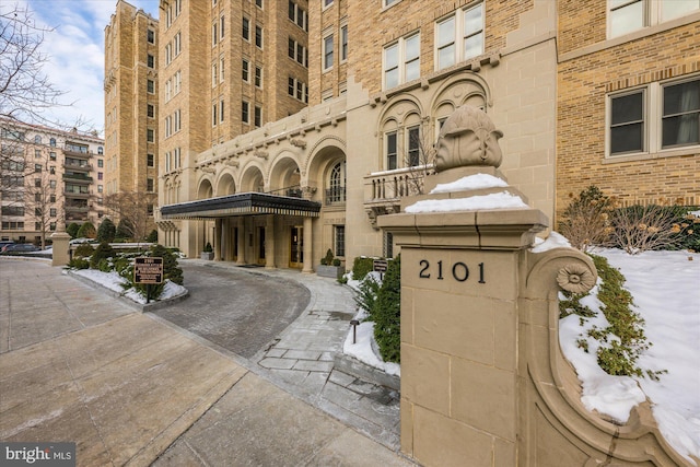 view of snow covered building