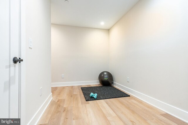 workout area featuring light hardwood / wood-style flooring