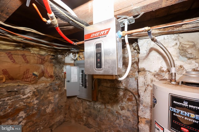 utility room with electric panel and water heater