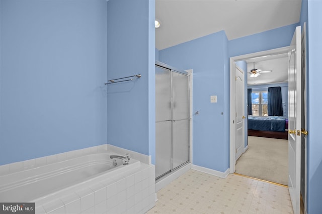 bathroom with separate shower and tub and ceiling fan