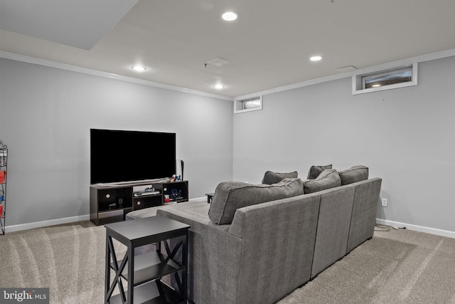 carpeted living room featuring crown molding