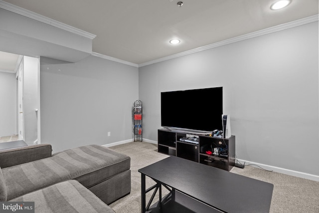 living room featuring light colored carpet and ornamental molding