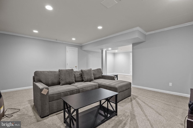 living room with light colored carpet and crown molding