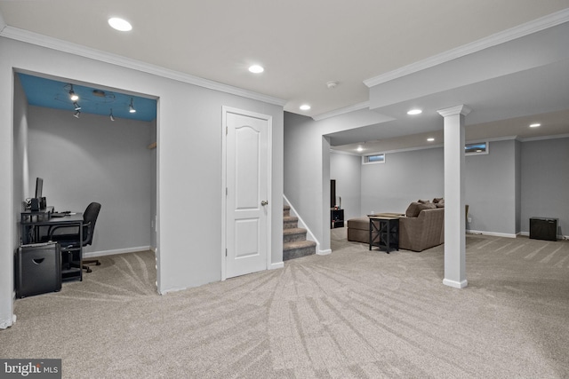 carpeted office space featuring ornamental molding