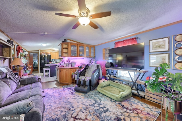 living room with ceiling fan, crown molding, vaulted ceiling, and a textured ceiling