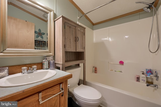 full bathroom featuring toilet, crown molding, tub / shower combination, vaulted ceiling, and a textured ceiling