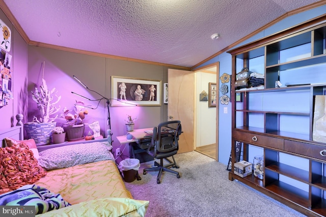 carpeted bedroom with crown molding, lofted ceiling, and a textured ceiling