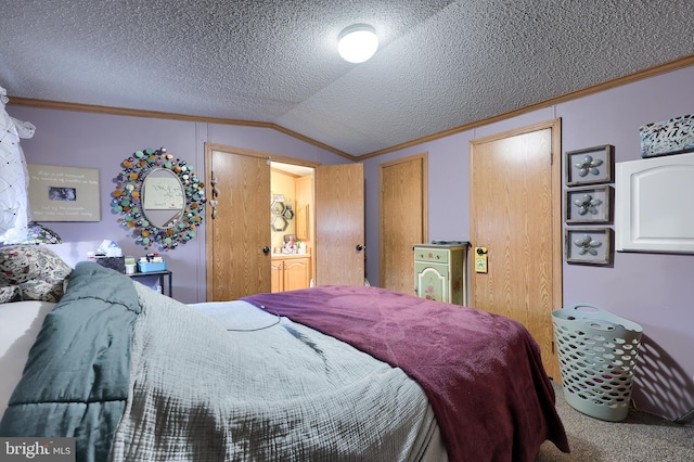 bedroom featuring crown molding, lofted ceiling, carpet, and a textured ceiling