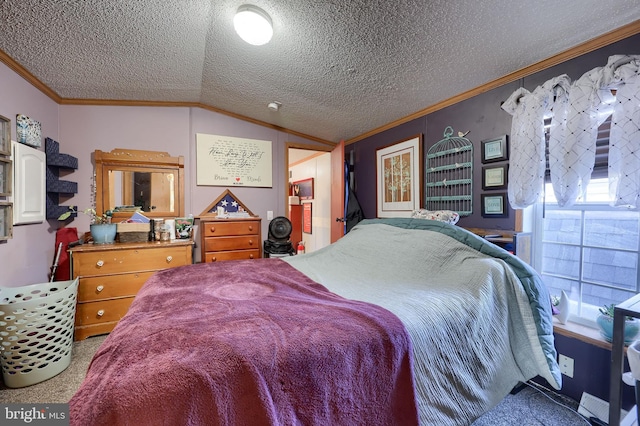 bedroom with crown molding, lofted ceiling, and a textured ceiling