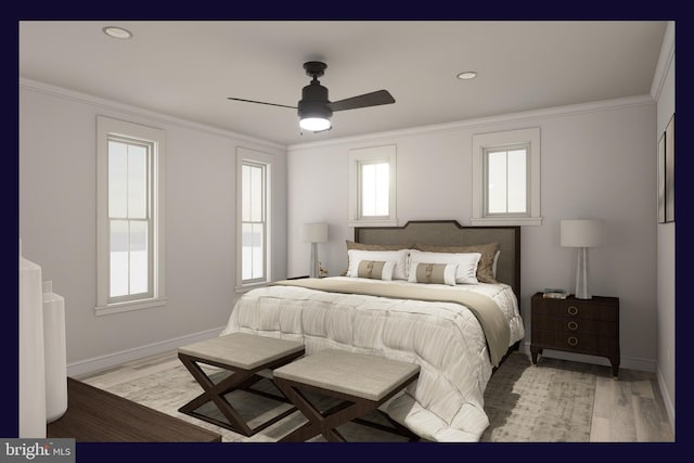 bedroom with ceiling fan, ornamental molding, and light hardwood / wood-style flooring