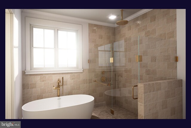 bathroom featuring tile walls, shower with separate bathtub, and crown molding