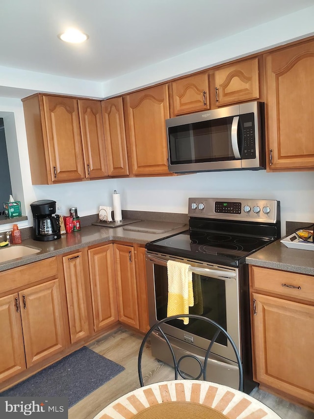 kitchen featuring stainless steel appliances, sink, and light hardwood / wood-style flooring